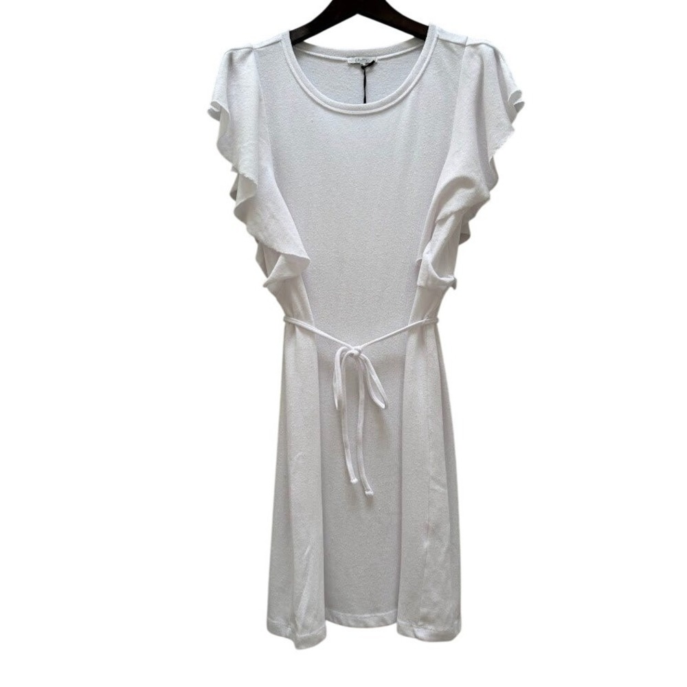 Z Supply White Flutter Ruffle Sleeve Tie Waist Knit Mini Dress Large NWT